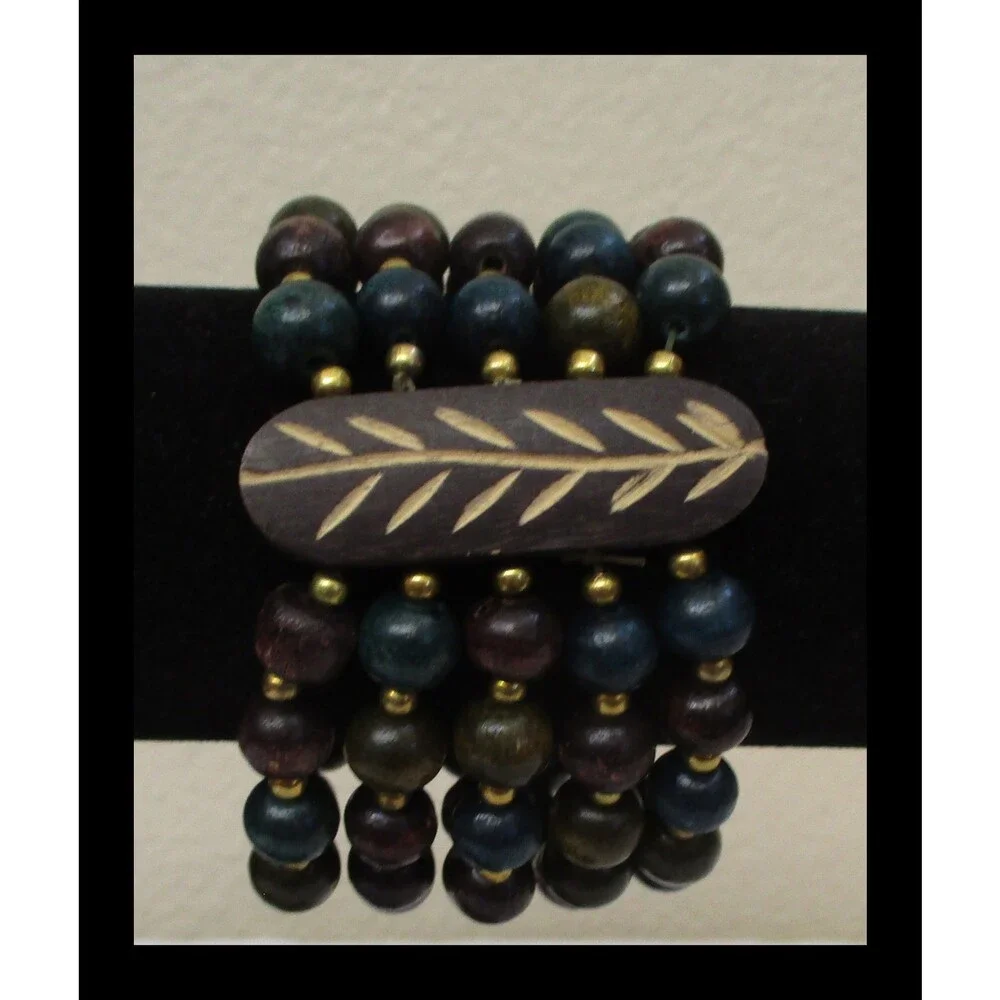 Wood & Gold Colored Beads with Leaf Design Stretch 4 Strand Boho